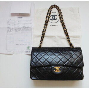 CHANEL Matelasse Chain Shoulder Bag Double Flap Black Lambskin